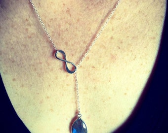 Sterling Silver Infinity Y Necklace with hanging Labradorite Teardrop Bezel Gemstone. Also available in Moonstone!