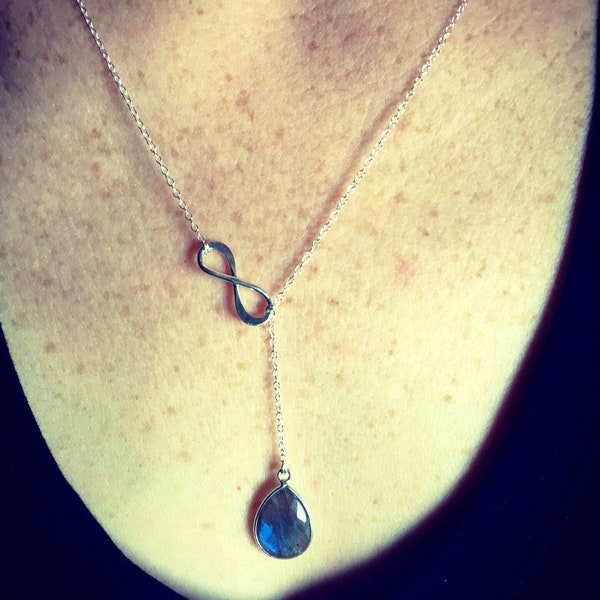 Sterling Silver Infinity Y Necklace with hanging Labradorite Teardrop Bezel Gemstone. Also available in Moonstone!