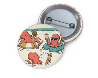 Octopus Pool Party Pin Button | Cute Summer Beach Enamel Style Badge