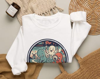 Retro Octopus Trio crewneck sweatshirt | nautical sea creatures, vintage badge design