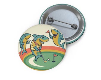 Shark Golfers pin button | Cute golfing sharks enamel-style lapel pin