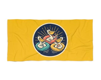 Pelican Floaties Beach Towel | Retro Tropical Seaside Illustration