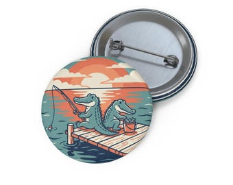 Alligator Fishing Dock Pin Button | Cute Crocodile Cartoon Badge
