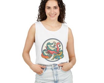 Retro Flamingo Surf Scene Tank Top | Tropical Beach Illustration