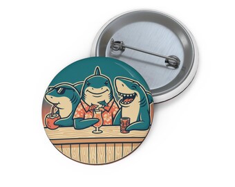 Shark Friends Bar Scene Pin Button | Round Enamel Style Badge