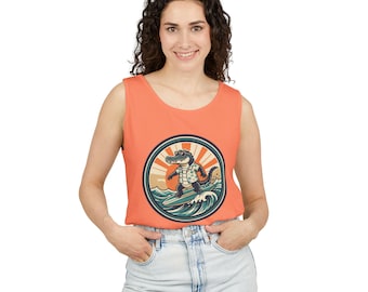 Surfing Alligator Tank Top | Retro Sunset Wave Illustration