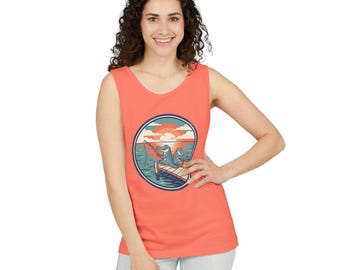 Fishing Sharks Dock Scene Tank Top | Retro Sunset Ocean Illustration