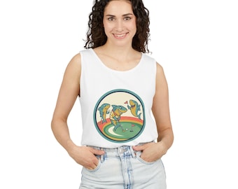 Shark Mini Golf Circle Art Tank Top | Retro Rainbow Ocean Illustration