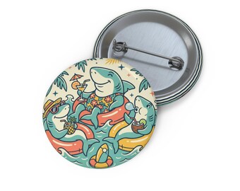Relaxing Sharks beach scene Pin Button | Cute Shark Buttons
