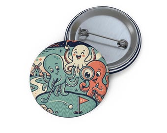 Octopus Mini Golf Illustration Pin Button | Cute Sea Creatures Badge