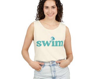 swim wave tank top | aqua text beach swimwear
