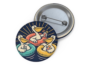Pelican Floaties Illustration Pin Button | Round Enamel Style Badge, Beach Summer Vibes