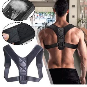 May include: A black posture corrector with adjustable straps and a padded back support. The design includes breathable mesh and hook-and-loop closures for a comfortable fit. The image shows a close-up of the material and how it is worn.