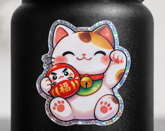 Glittery Maneki Neko Daruma Sticker, Cute Japanese Cat, Kawaii Decoration