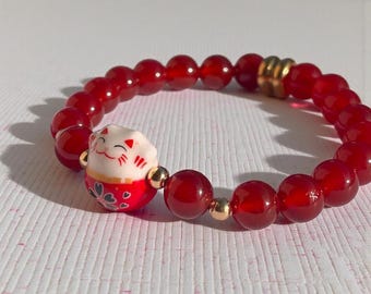 Maneki Neko Carnelian Bracelet, Red Lucky Cat Jewelry for Women, Natural Stone Lucky Charm