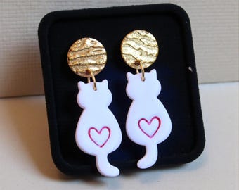 White Cat Earrings in Polymer Clay, Handmade Kawaii Jewelry, Cute Gift for Women