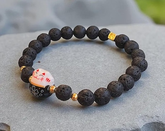 Black Maneki Neko Bracelet, Kawaii Jewelry, Japanese Lucky Cat, Gift for Her, Fortune Cat Jewelry, Lava Stone
