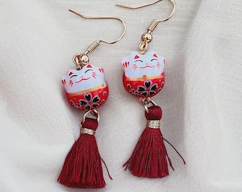 Maneki Neko Earrings, Japanese Lucky Cat, Gift for Her, Fortune Cat Earrings