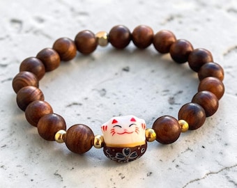 Maneki Neko Wooden Bracelet, Lucky Cat Jewelry for Women, Handmade in France