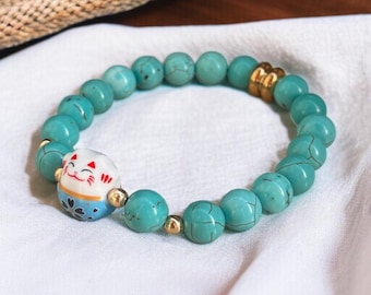 Turquoise Maneki Neko Cat Bracelet, Protective Jewelry for Women, Japanese Lucky Charm, Natural Stone