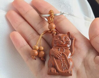 Wooden Maneki Neko Keychain, Handcrafted Japanese Cat Charm, Handmade Japanese Lucky Charm