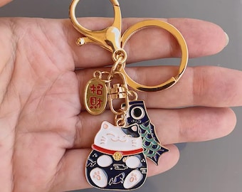 Black Maneki Neko and Koi Carp Keychain, Lucky Cat Charm, Japanese Metal Lucky Charm