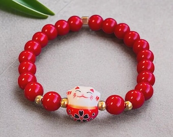 Red Maneki Neko Bracelet, Kawaii Jewelry, Japanese Lucky Cat, Gift for Her, Fortune Cat Jewelry