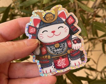 Glittery Maneki Neko Sticker, Samurai Cat Sticker, Kawaii Decoration