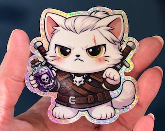 Glittery Witcher sticker, Geralt of Rivia's cat, Chibi Witcher vinyl