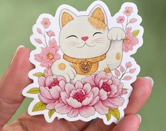 Japanese lucky cat sticker, floral Maneki Neko, kawaii decoration, original design