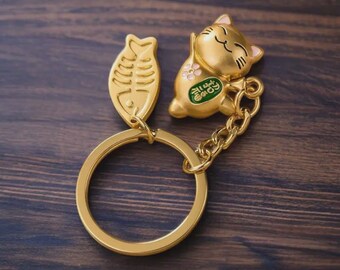 Gold Maneki Neko Keychain, Lucky Cat, Japanese Metal Lucky Charm, Kawaii Cat
