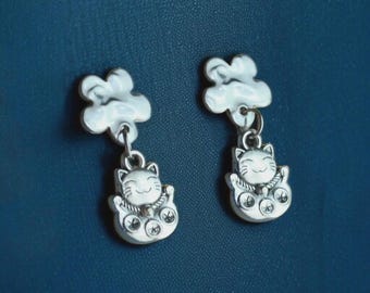 Silver Maneki Neko Cat Earrings, Lucky Charm Jewelry for Women, Christmas Gift for Her, Fortune Cat Earrings