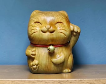 Wooden Maneki Neko Figurine, Handmade Lucky Cat, Good Luck Gift