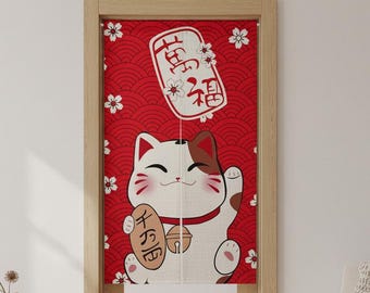 Noren Maneki Neko, Japanese Lucky Cat Curtain, Door Curtain 65 x 90 cm