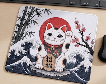 Maneki Neko Mouse Pad, Lucky Cat Desk Mat, Japanese Gaming Mat