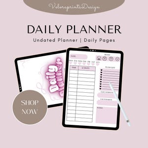 Peut inclure: Un planificateur quotidien numérique avec un design rose et blanc. Le planificateur comprend des sections pour l'heure, l'activité, l'humeur, les listes de tâches et les affirmations quotidiennes. Le texte "Daily Planner" est bien en évidence, ainsi que "Shop Now".