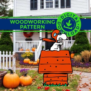 May include: A digital woodworking pattern featuring a cartoon dog wearing an orange aviator cap and scarf, sitting atop an orange doghouse. The graphic includes text reading WOODWORKING PATTERN and DIGITAL DOWNLOAD with a downward arrow icon.