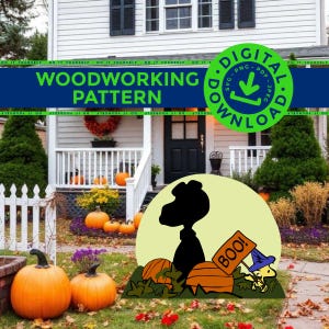 May include: A digital woodworking pattern featuring a black silhouette of a dog character and a small yellow bird character wearing a purple witch hat. The design includes orange pumpkins and a sign with the text BOO! on a light yellow background.