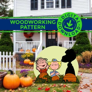 May include: A digital woodworking pattern featuring a colorful illustration of Linus and Sally from Peanuts sitting with a black silhouette of Snoopy among pumpkins. The graphic includes the text WOODWORKING PATTERN and DIGITAL DOWNLOAD.