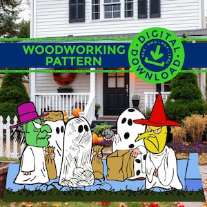 May include: A digital woodworking pattern download featuring a cartoon illustration of four figures in Halloween costumes, including two witches with green and yellow faces and two ghosts, standing on a blue surface with text overlays.