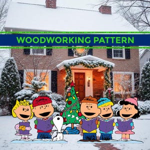 May include: A digital woodworking pattern featuring a winter scene with a house, Christmas tree, and cartoon characters singing carols. The text "WOODWORKING PATTERN" is displayed across the top.