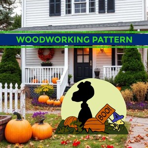 May include: A Halloween woodworking pattern featuring a character silhouette with pumpkins and the word "BOO!". The image is set in front of a house decorated for autumn, with pumpkins and fall foliage.
