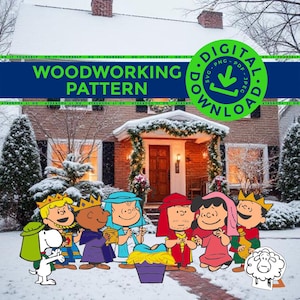 Puede incluir: Un patrón de carpintería digital descargable que muestra una escena de natividad con personajes en túnicas coloridas y coronas alrededor de un pesebre, sobre un fondo de casa nevada con el texto WOODWORKING PATTERN y DIGITAL DOWNLOAD.