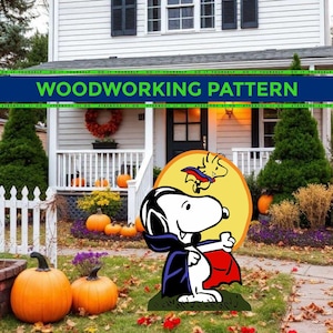 May include: A Halloween-themed woodworking pattern featuring Snoopy in a vampire costume with Woodstock. The image is set in front of a house decorated with pumpkins and fall foliage. The text "WOODWORKING PATTERN" is displayed.