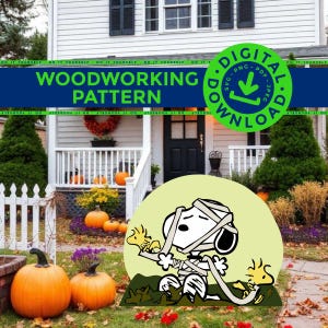 May include: A digital woodworking pattern file featuring a graphic illustration of a cartoon dog wrapped in bandages like a mummy, accompanied by a small yellow bird, set against a light yellow circular background with a green border.