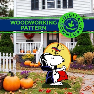 May include: A digital woodworking pattern featuring a graphic of a white dog dressed as a vampire with a black and red cape, standing in front of a yellow moon. A smaller yellow bird character flies above the dog. The text reads Woodworking Pattern.