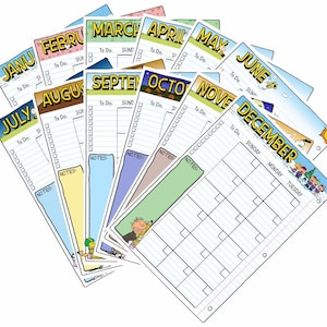Puede incluir: Un conjunto de páginas de calendario mensuales, cada una etiquetada con un mes de enero a diciembre. Los calendarios incluyen espacio para listas de tareas, notas y programación diaria. Las páginas tienen un diseño de dibujos animados con ilustraciones.