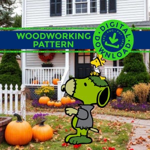 May include: A digital woodworking pattern featuring a green cartoon dog with stitches and a yellow bird on its head. The graphic includes the text WOODWORKING PATTERN and DIGITAL DOWNLOAD with a download icon, set against a house background.