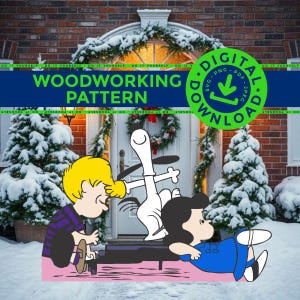 May include: A digital woodworking pattern featuring a cartoon illustration of a blonde character in a purple striped shirt and a dark-haired character in a blue dress sitting near a piano, with text reading WOODWORKING PATTERN DIGITAL DOWNLOAD.