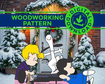 May include: A digital woodworking pattern featuring a cartoon illustration of a blonde character in a purple striped shirt and a dark-haired character in a blue dress sitting near a piano, with text reading WOODWORKING PATTERN DIGITAL DOWNLOAD.
